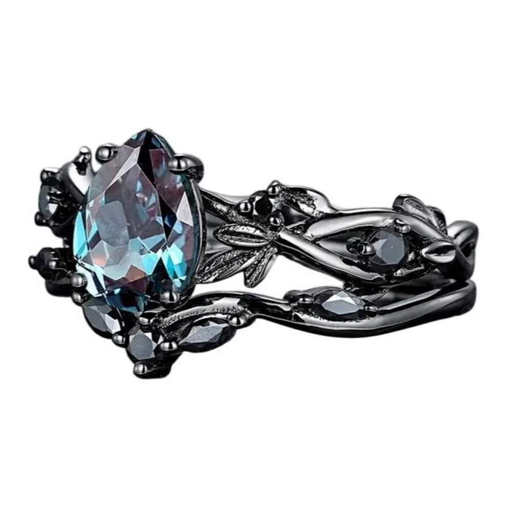Pear Cut Alexandrite & Moissanite 2 piece Bridal Wedding engagement ring Rhodium - Picture 4 of 8